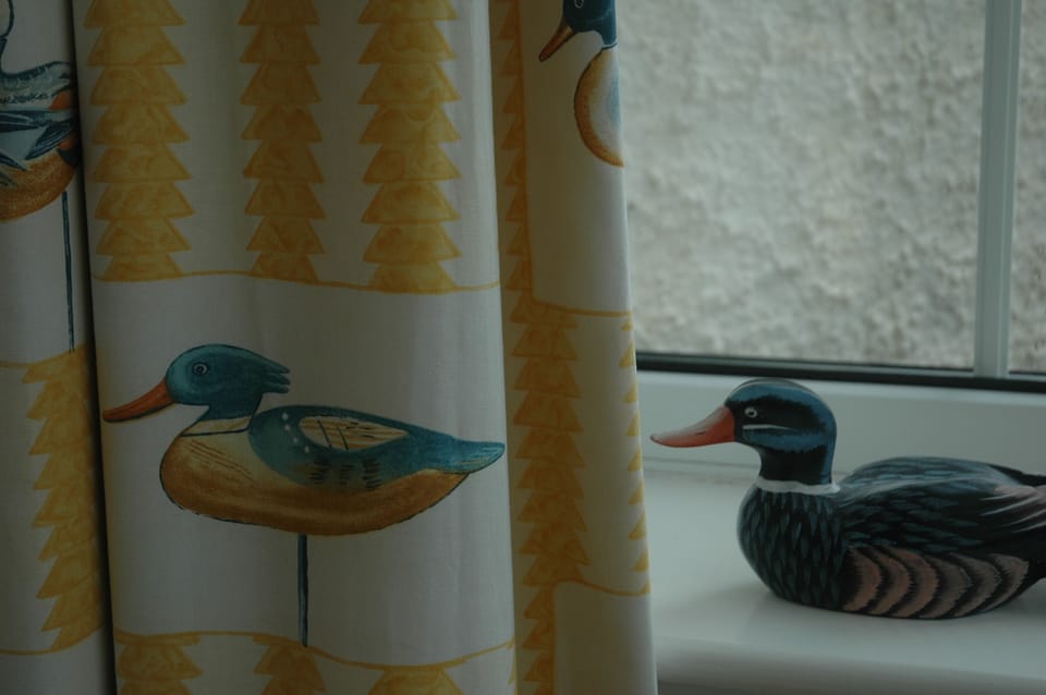 duck themed twin bedroom with designer curtains