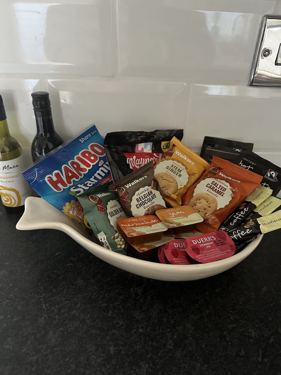 Welcome pack includes treats, wine, milk, jams, dishwasher tablets & liquid, etc