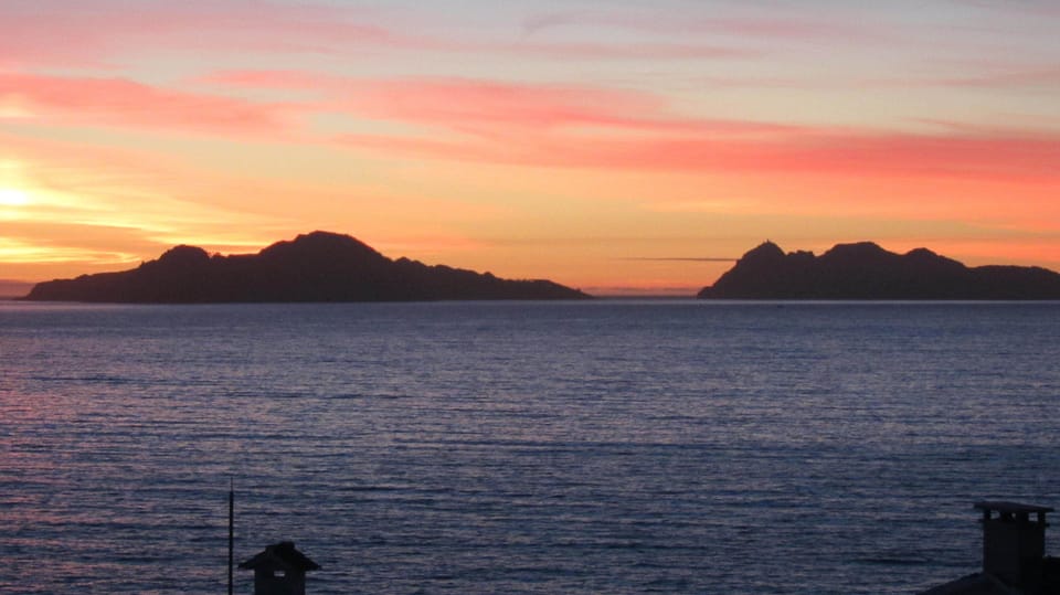 Sunset over the Cies Islands from the dining terrace