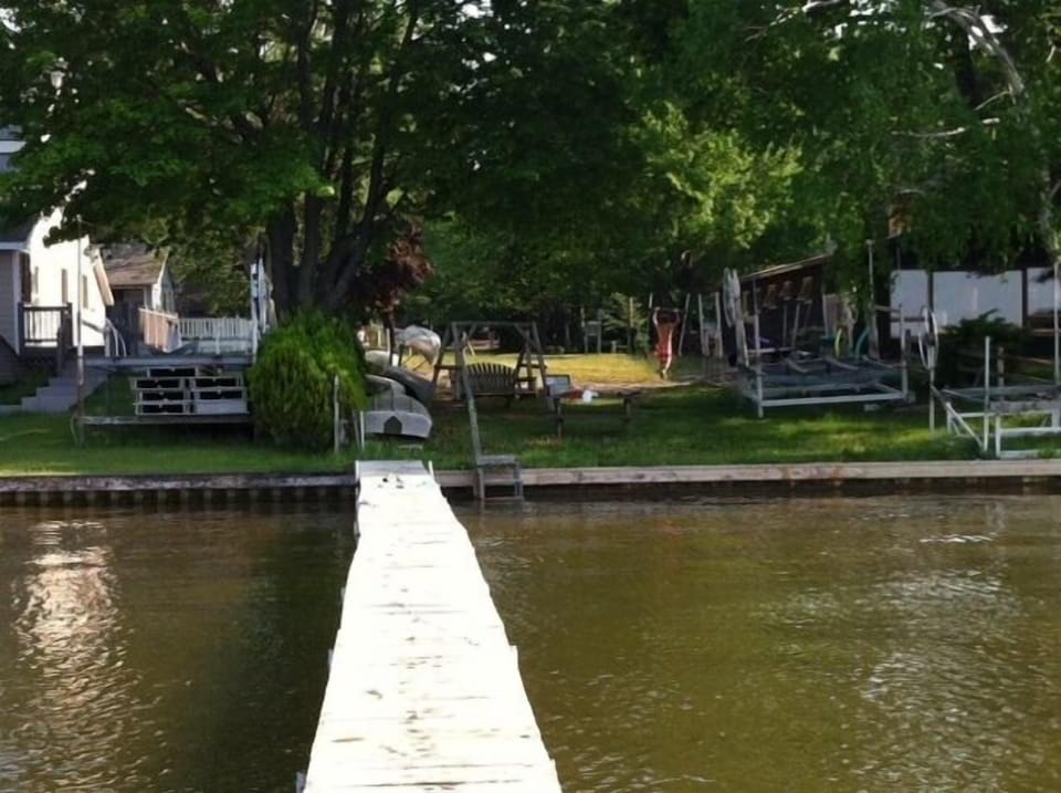 dock, looking back at private shared association beach with dock for fishing