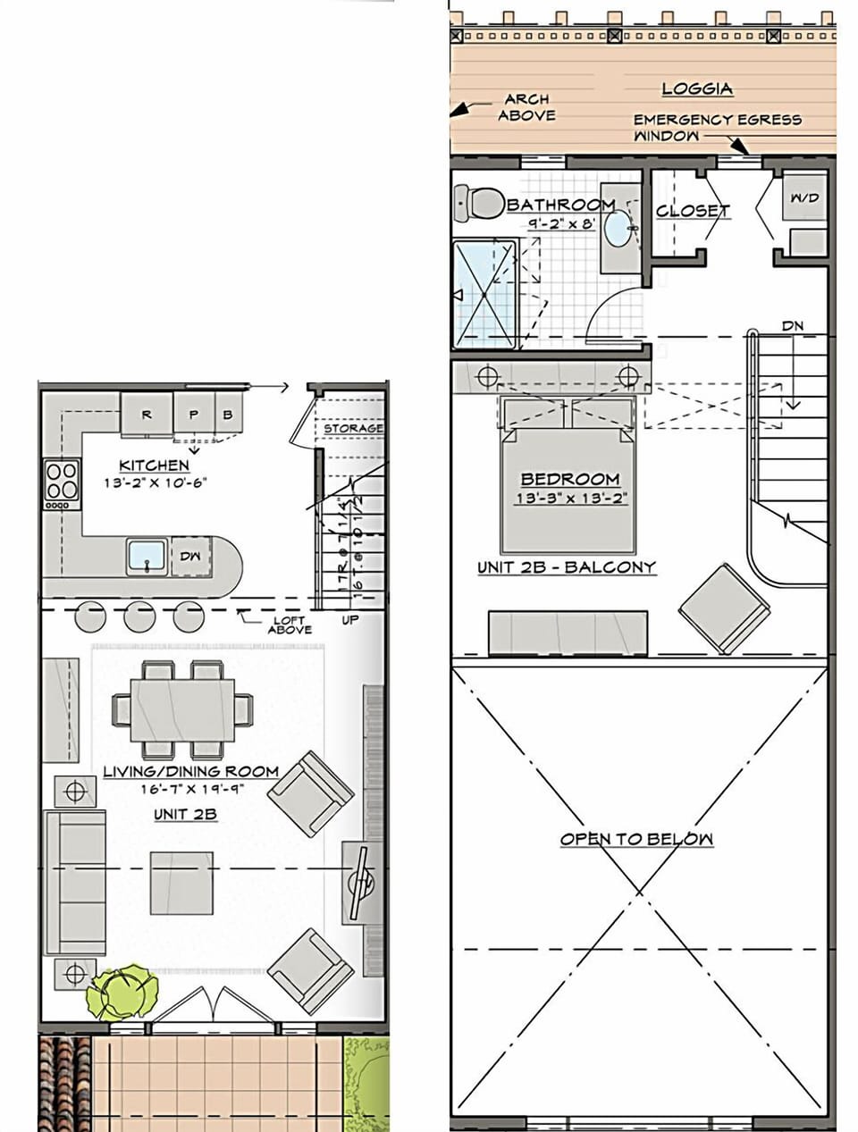 Floor plan for loft, one bedroom, 1.5 bath, full kitchen, private entrance