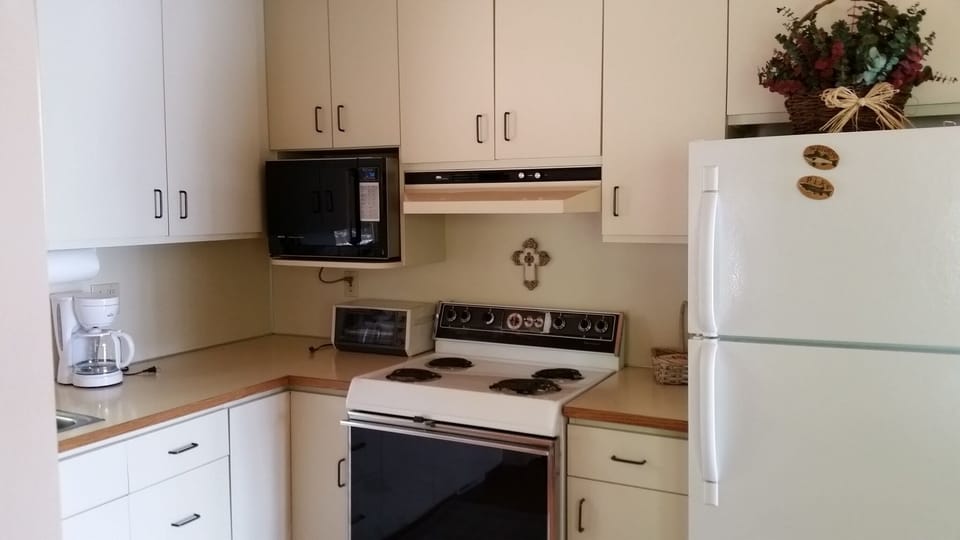 The kitchen with microwave, toaster oven, four burner electric stove and more!
