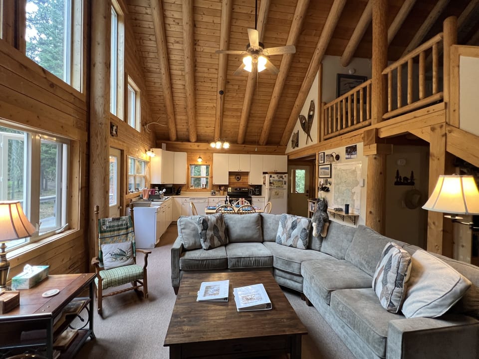 Cozy sectional invites you to enjoy a DVD about the Yellowstone wildlife