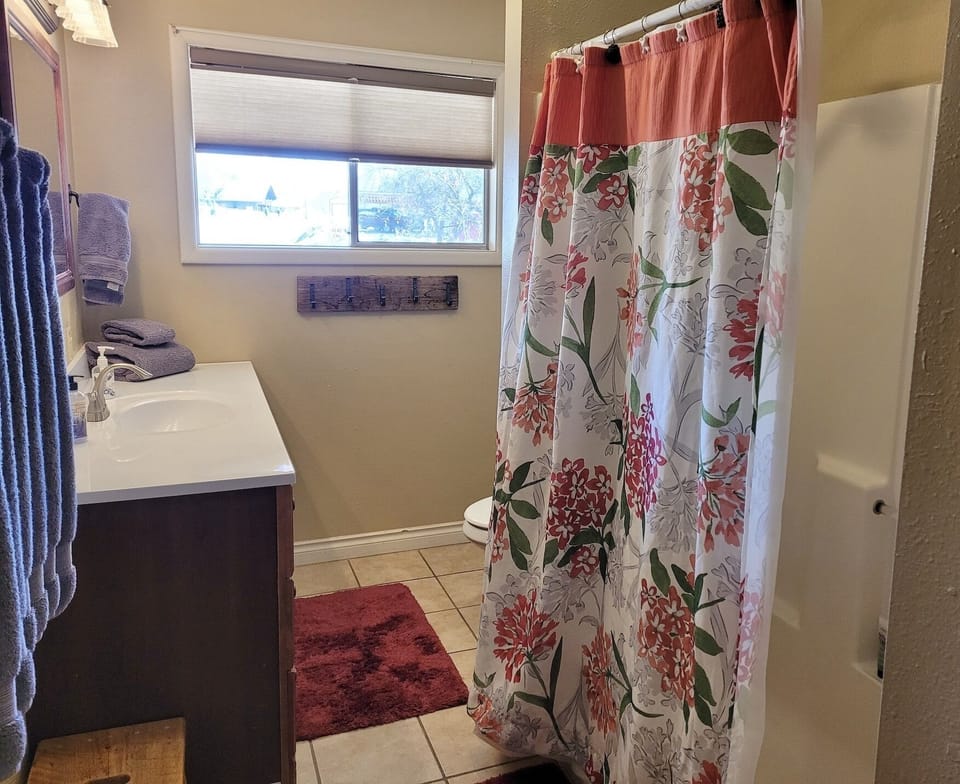 Full common bathroom with tub/shower combo.