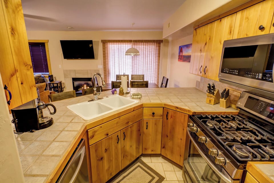 Open kitchen with new stainless steel appliances, and view of back yard and TV.