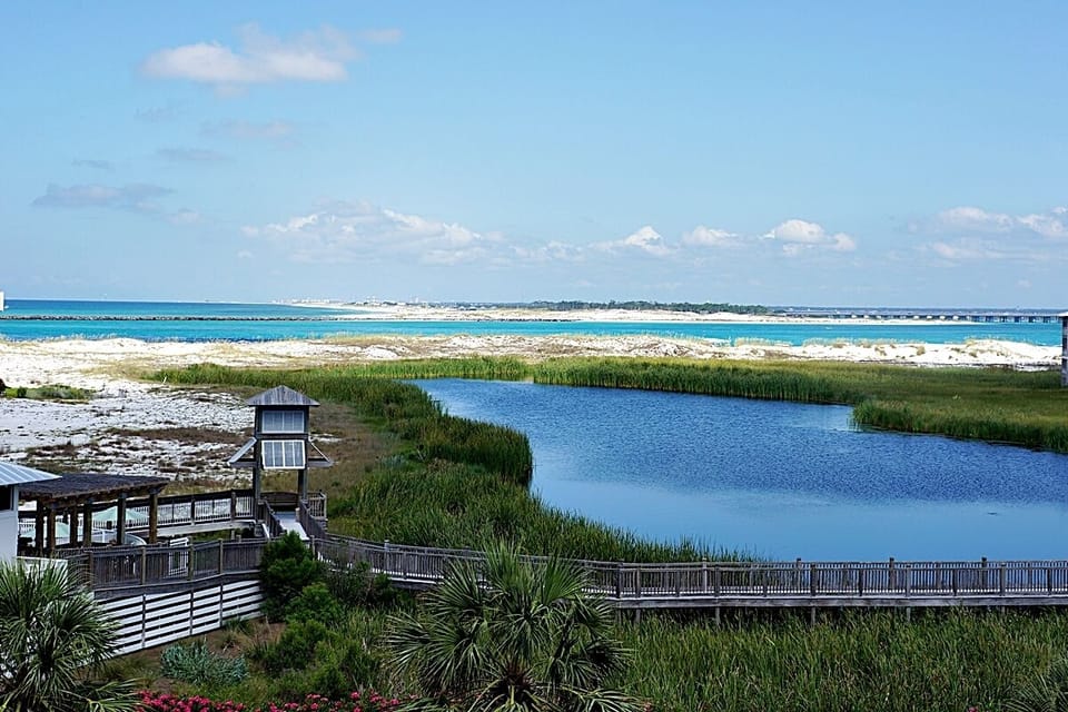 View from our balcony of East Pass and the Jetties.