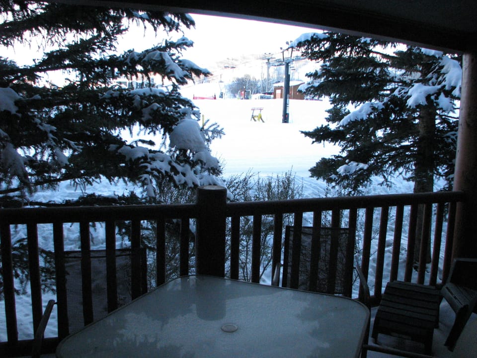 Deck overlooking half pipe on slope