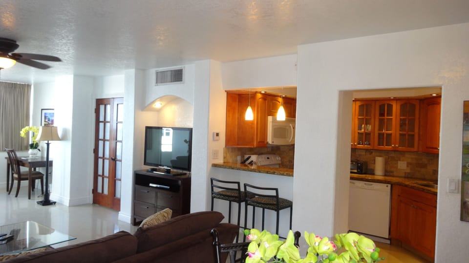 kitchen with two bar stools 