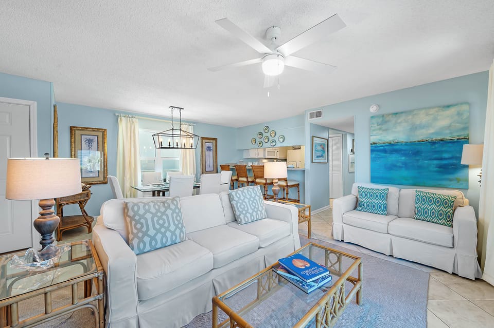 Spacious condo with large living room, separate dining area & also bar seating.
