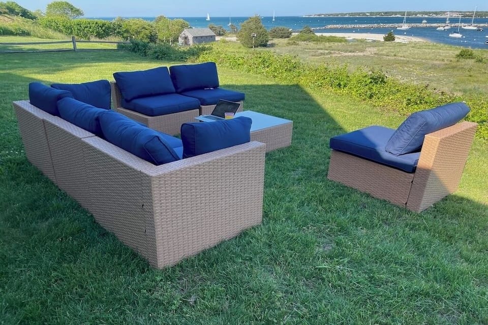 Versatile seating overlooking the harbor and Sound. 