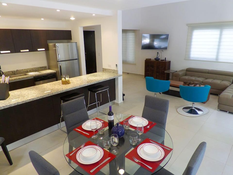 Dining, Living, Kitchen and 2 bar stools