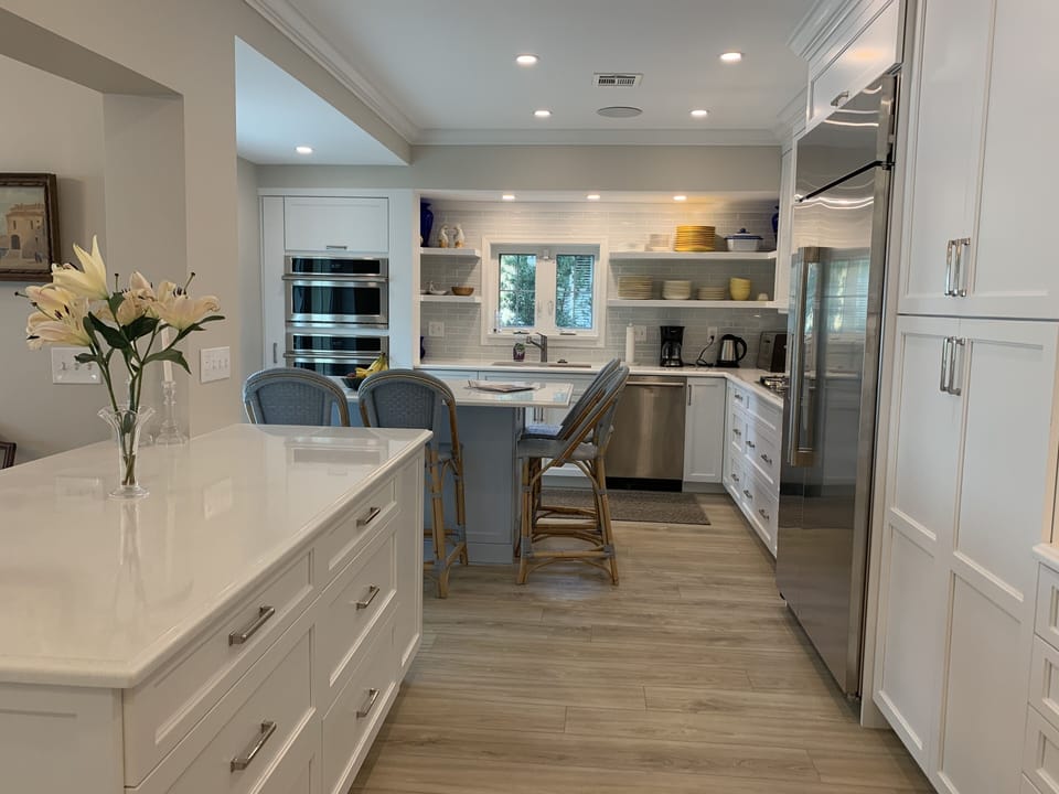 Kitchen with peninsula and island.