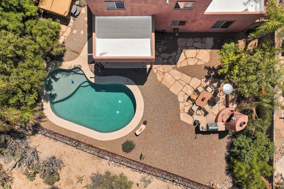 Sparkling pool and wide open space outside