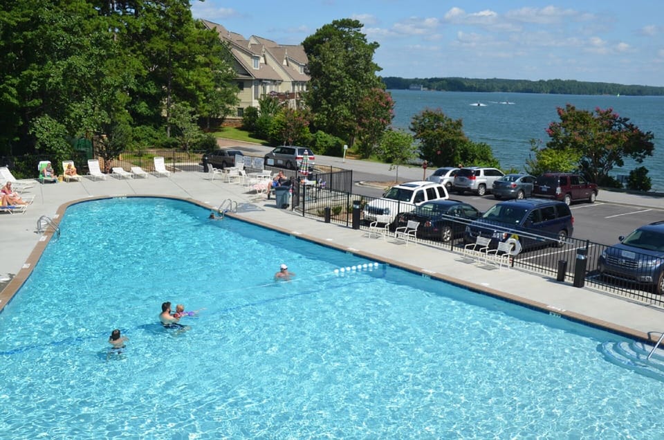 Community pool with lake views