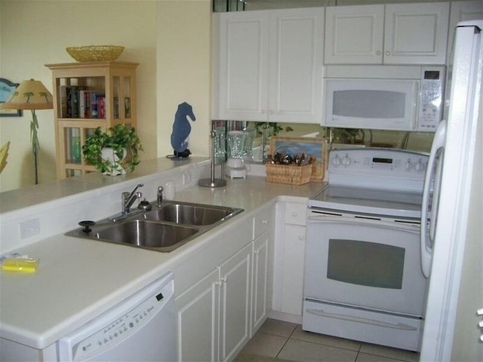 Kitchen view: refrig has icemaker, microwave, dishwasher, blender, coffee pot