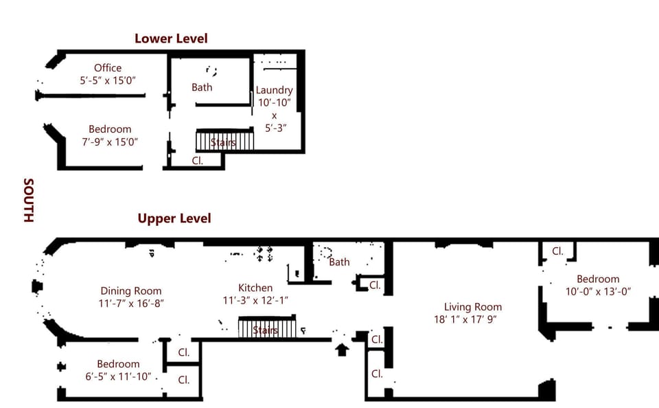 Floor plan. Lower level is street level, upper level is one floor up.