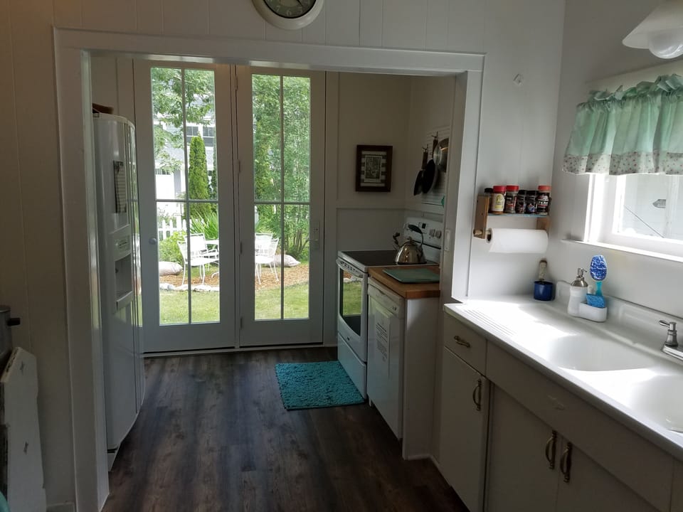 Downstairs kitchen adjoins the back garden through French doors.