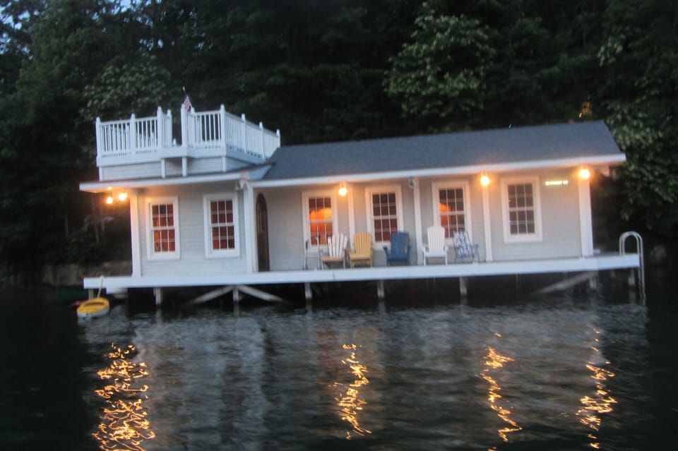 The boathouse at nighttime.