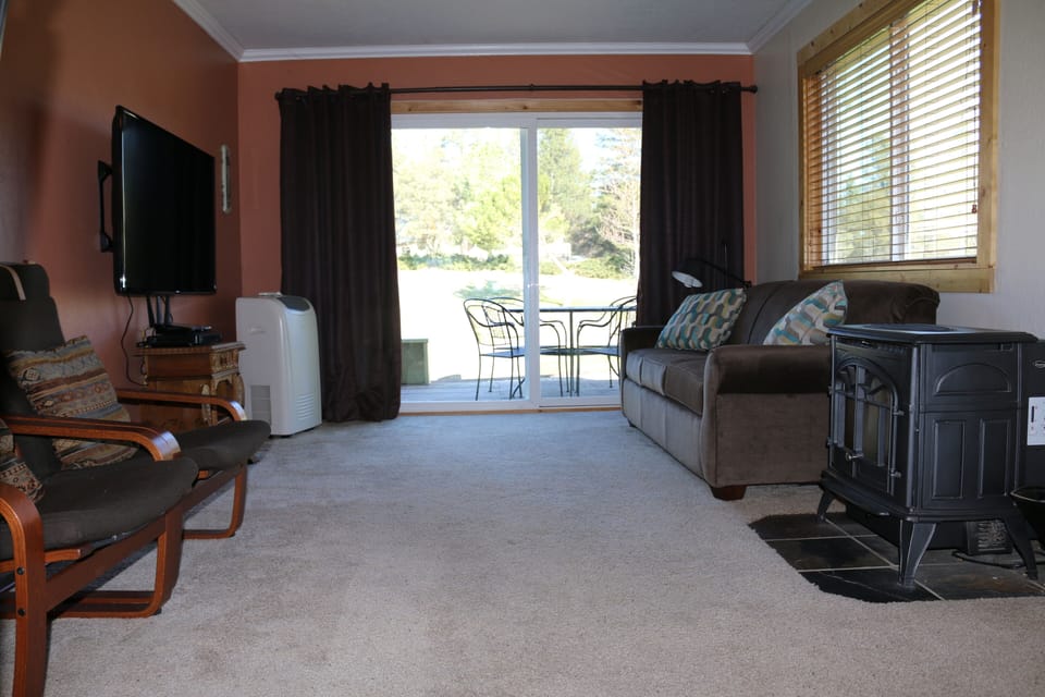 Queen Sofa Bed, Wood pellet stove has been replaced with HVAC system.