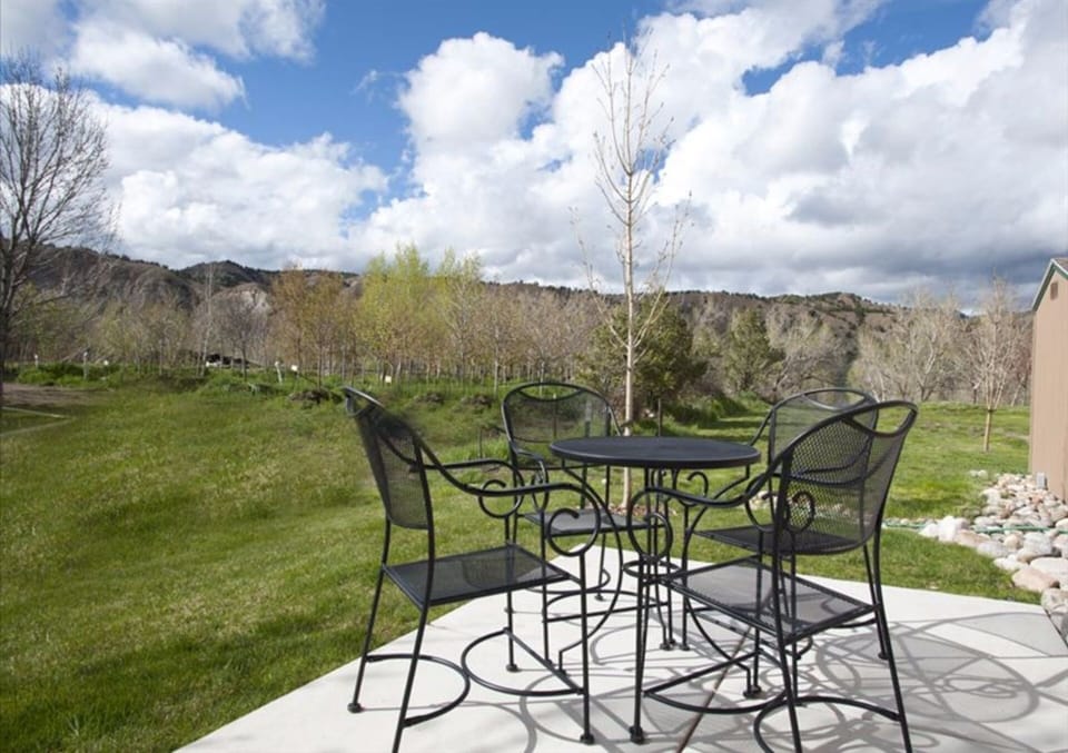 Back patio with lovely view. Eagle River is just 300' below this unit