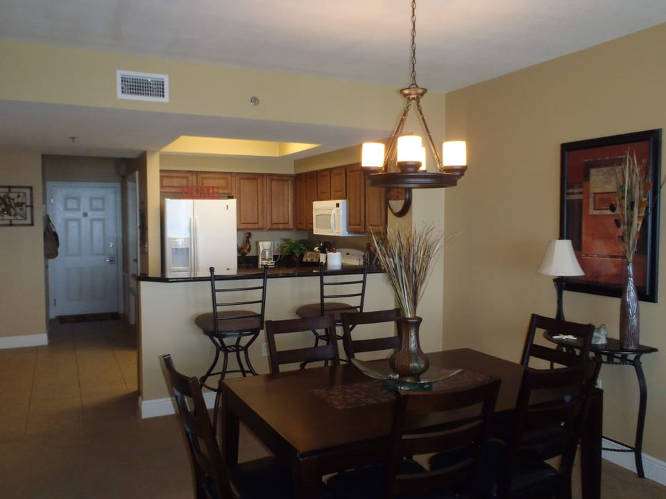 Dining and Kitchen areas. Dining table seats six.