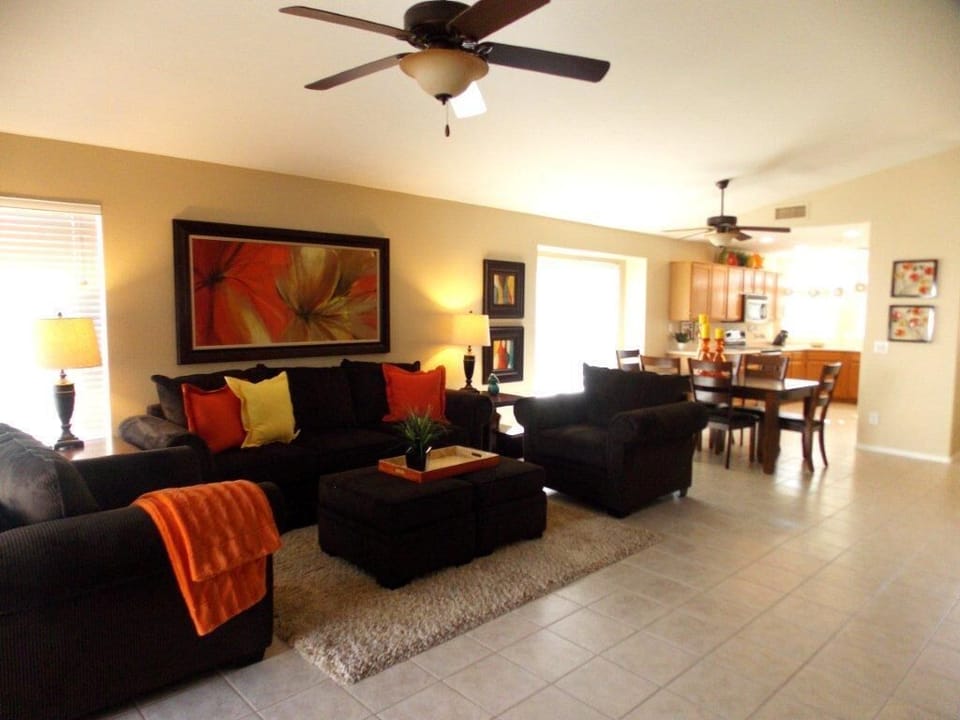 Open floor plan with tiled floor in common areas