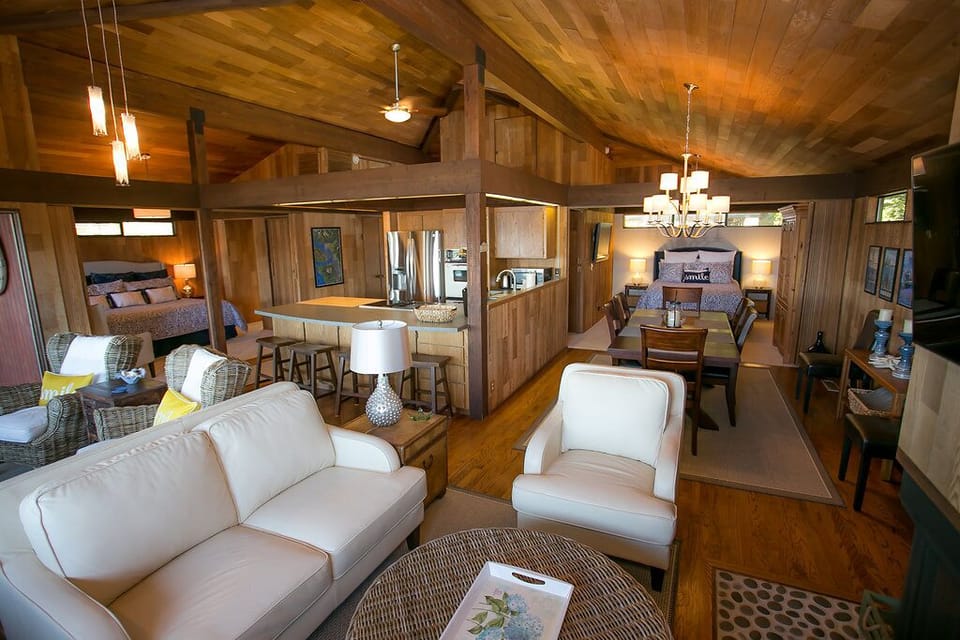 Sitting area with Smart TV in front of fireplace