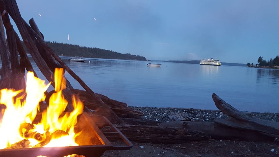 Beach fire with Bremerton Ferry going by...
