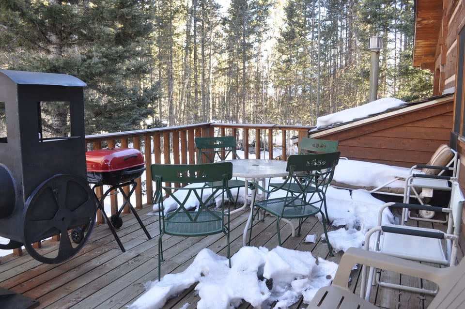 Table and chairs on Back Deck, a little snow still left