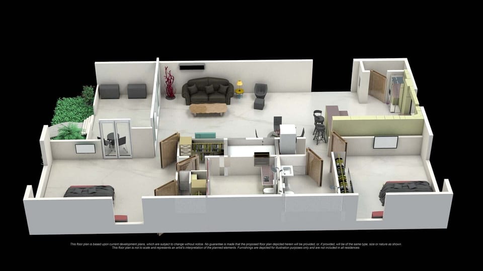 3D floor plan shows the spacious living room & kitchen. 