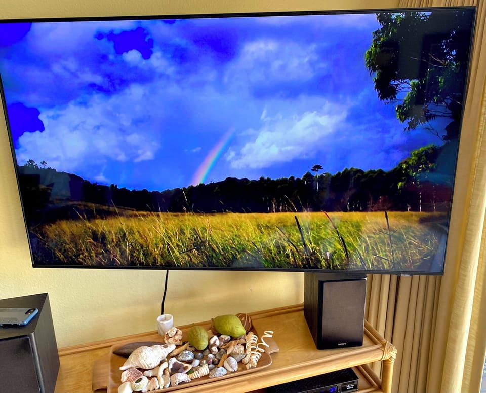 55" HD LED TV in living room is on a swivel and can be seen from anywhere