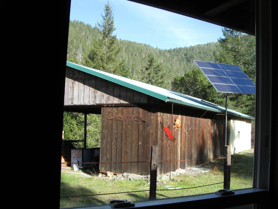 Looking at the barn/garage from the cabin...