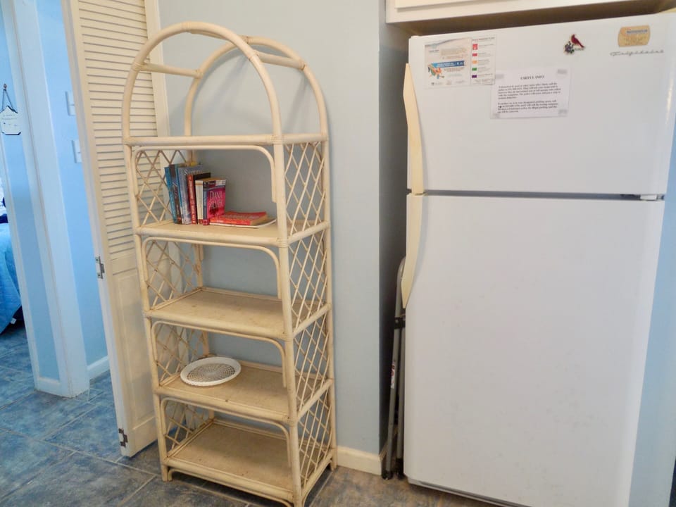 Fridge with ice maker, shelf storage, library-read some,take some,leave some
