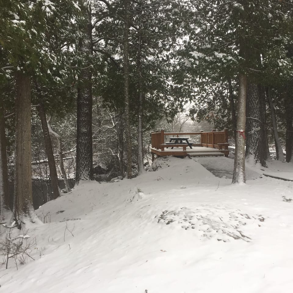 Wintery deck overlooking the river. 