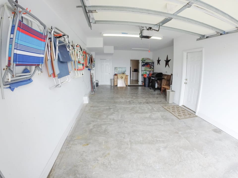 garage, beach chairs & 3 burner gas grill