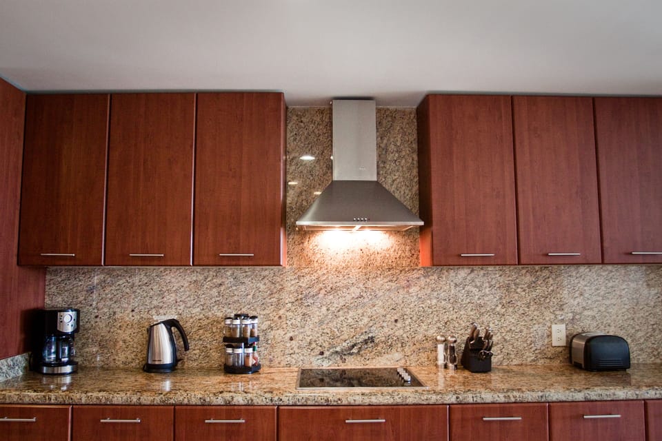 The kitchen comes fully equipped.