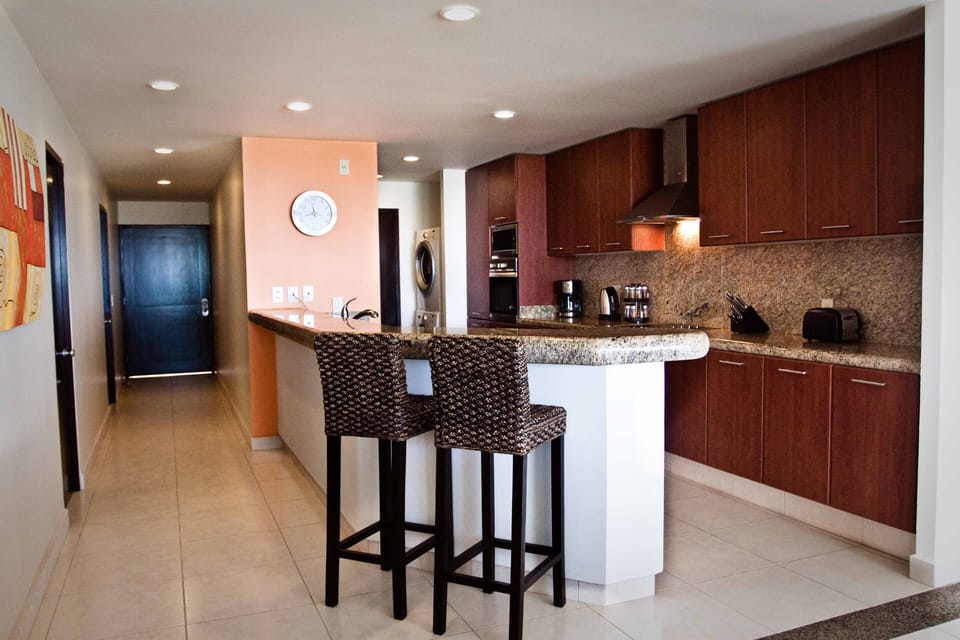 The kitchen comes fully equipped.