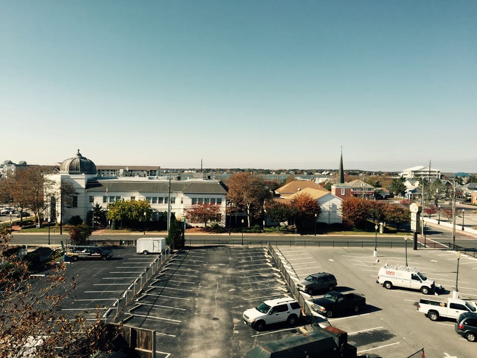 View from rear entrance toward Ocean City Town Hall, Park  and bay looking west