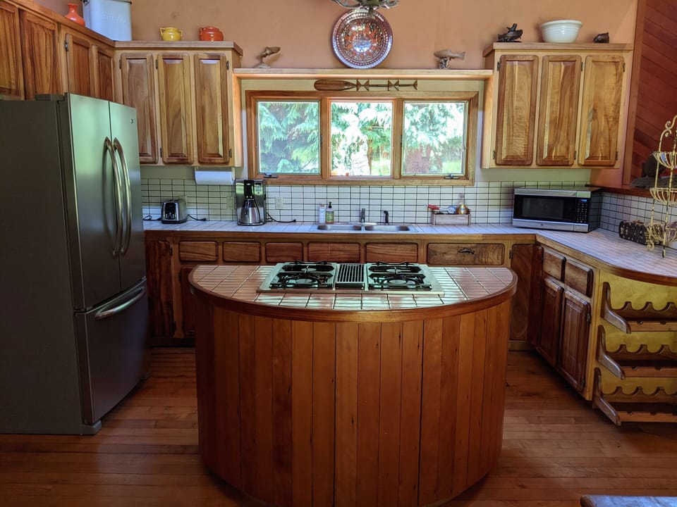Kitchen island with range, full size fridge 