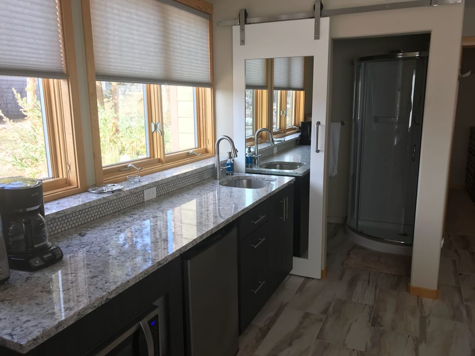 Kitchenette with stylish barn door to bathroom