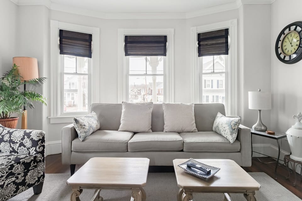 Light-filled bay windows in living room