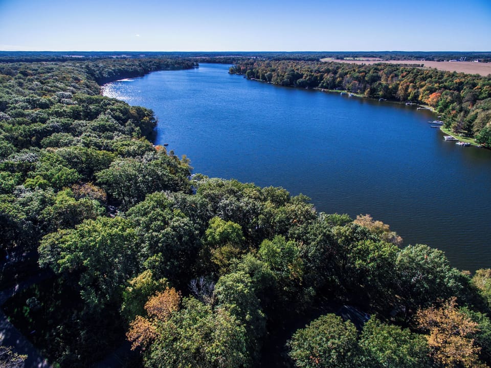 Aerial view of Big Blake Lake — known for excellent fishing and relaxed lake days.