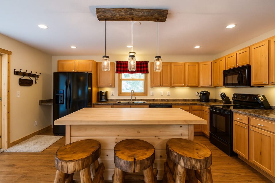 Fully equipped kitchen with butcher block island and modern appliances — ideal for cooking meals together.