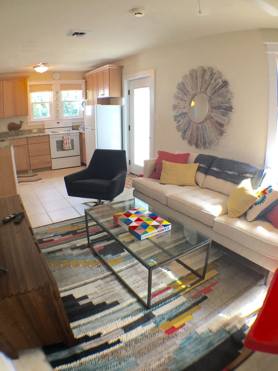 Living area with room for frontgate queen bed (stored in closet)