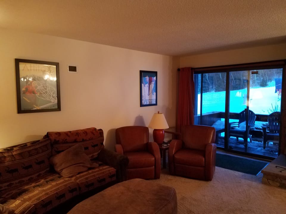Living Room area with WiFi, gas fireplace, tv, outside deck to ski trails