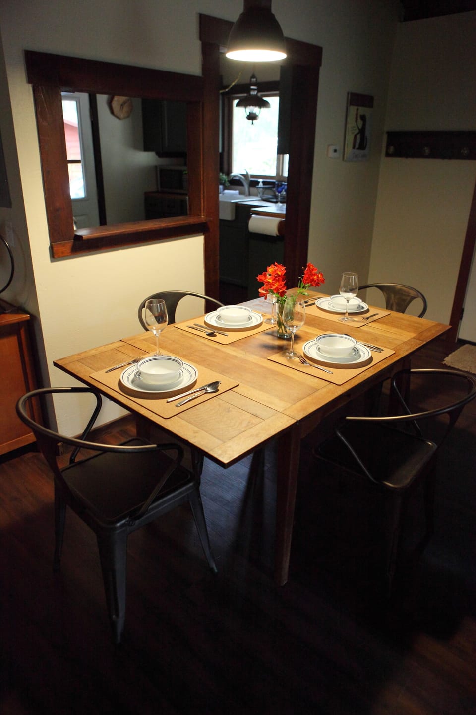 Dining table expanded to seat 4 comfortably.