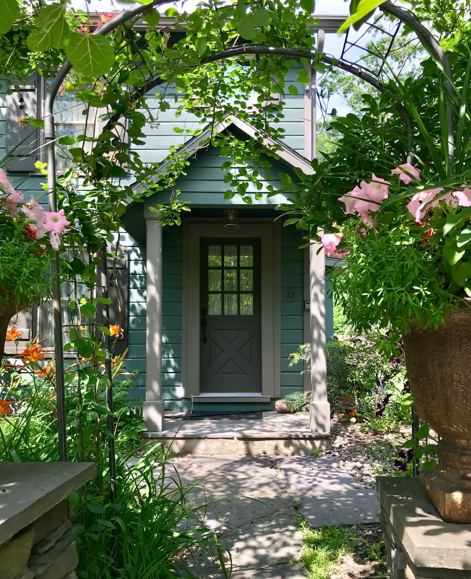 Entrance to Tannery Brook Cottage in July with Front Porch and Day Lilies