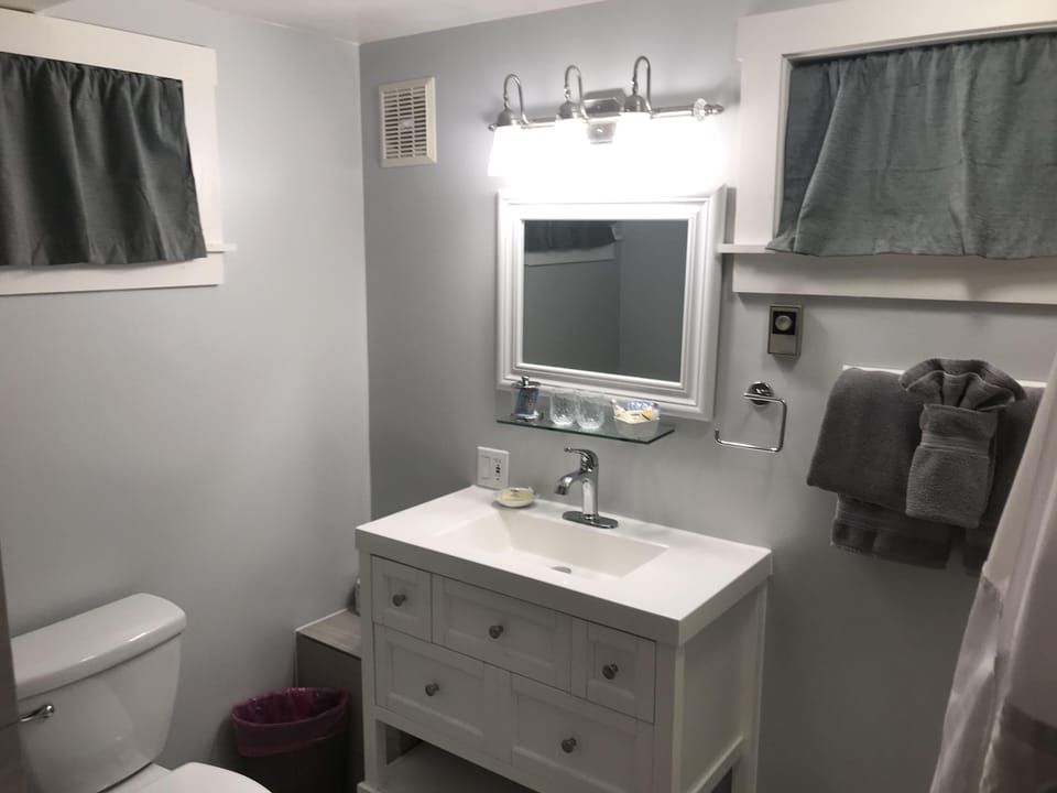 Large bathroom with great light, shower tub combo.