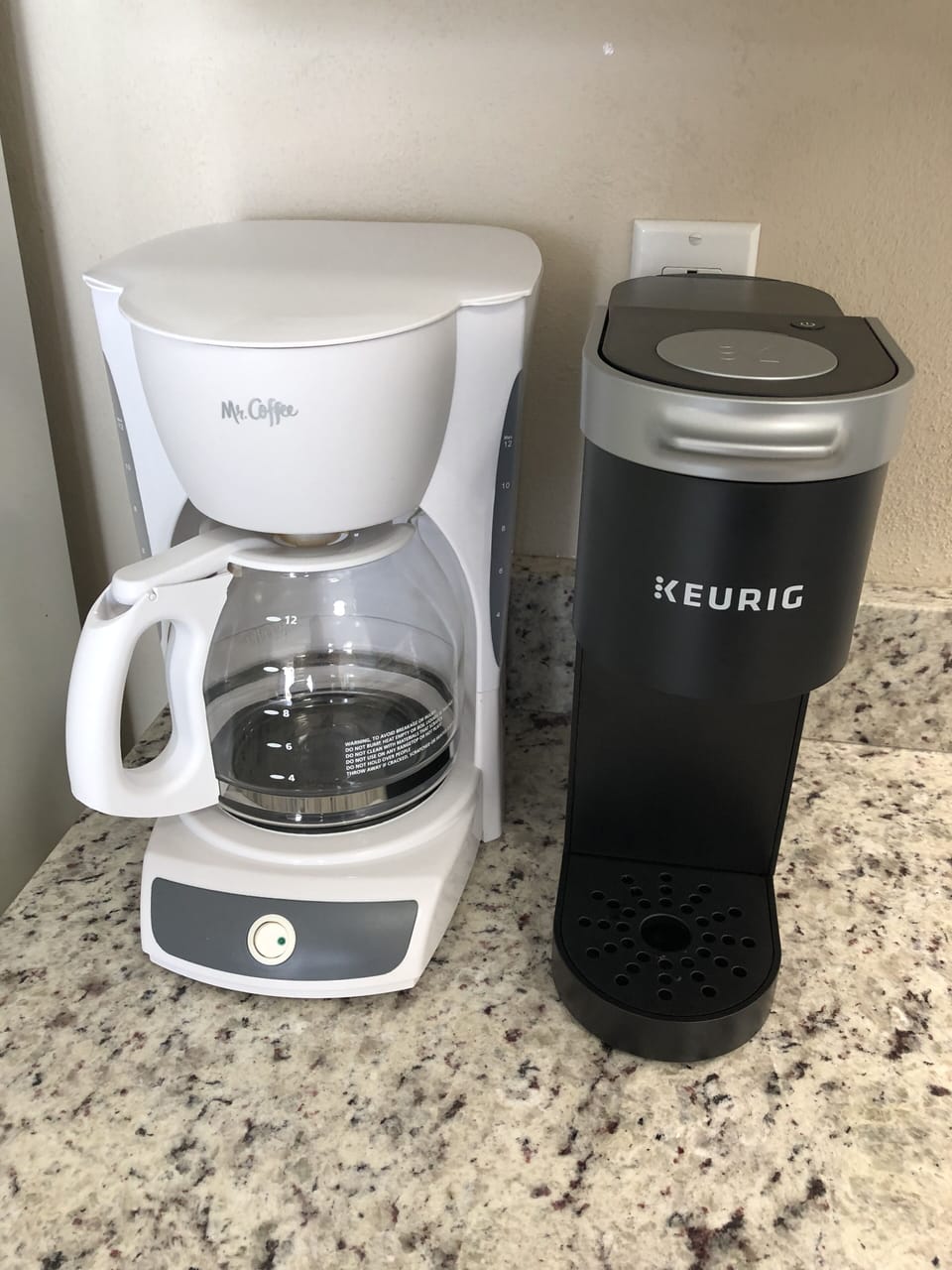 We have a regular coffee maker and a single serve Keurig for your convenience.