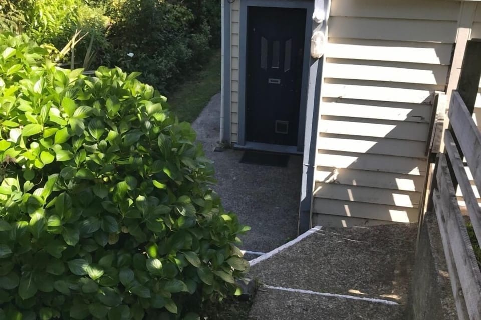 access - a gently sloping path plus 3 steps. One is higher than a regular one.